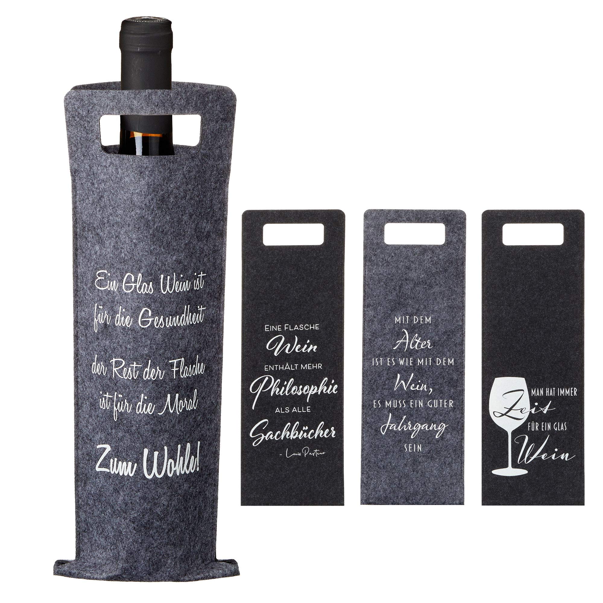 Cepewa Set of 4 Wine Bottle Bags Felt with Sayings in 4 Designs Approx. 41 x 14.5 cm Grey / Black Wine Bag Storage Bag