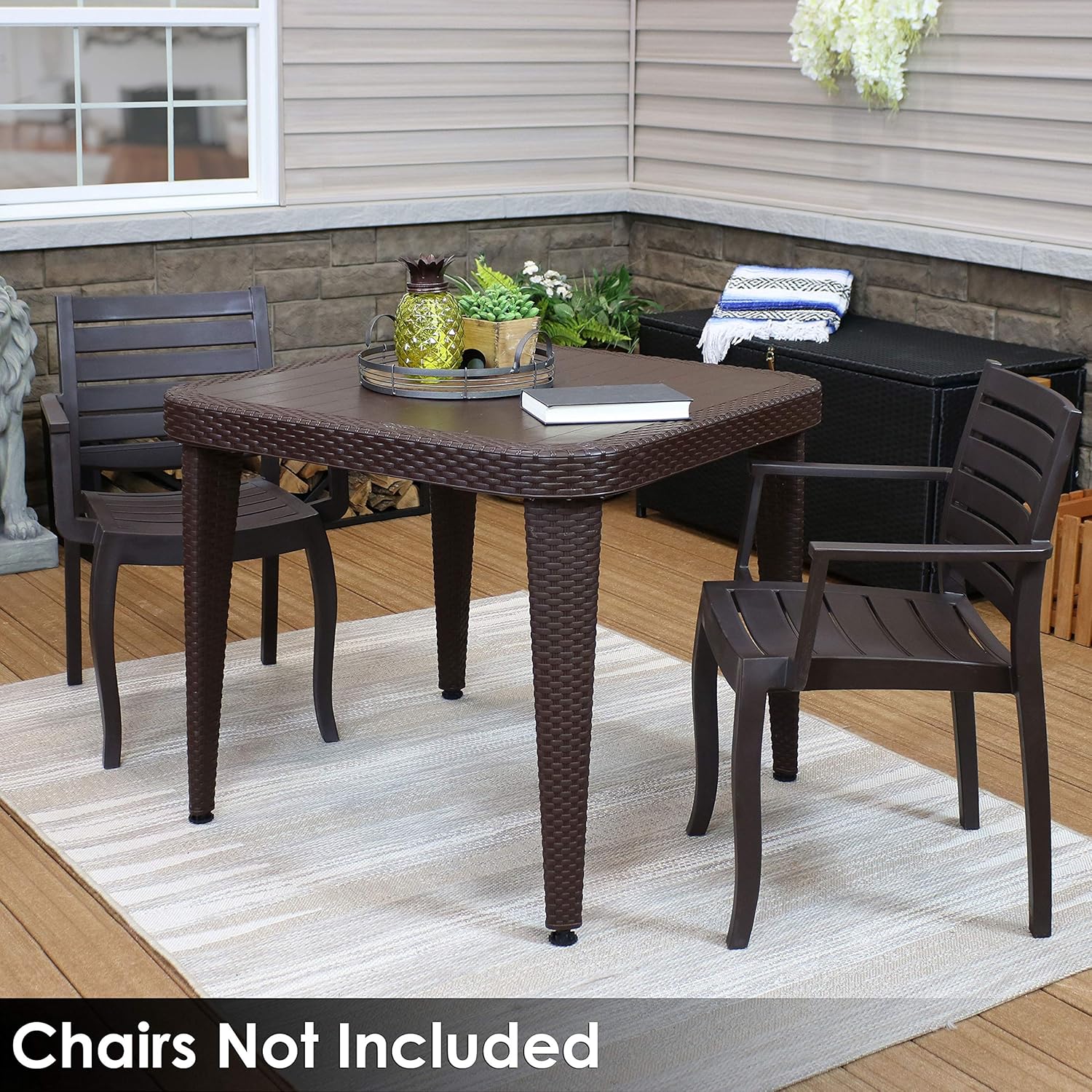 Sunnydaze All-Weather Square Patio Dining Table with Faux Wood Grain Top - Wenge - Plastic Indoor/Outdoor Table with Faux Wicker Design - Perfect for Porch, Deck or Dining Room - 35.25 Inches Square: Sunnydaze Decor: Kitchen & Dining