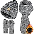 3 PCS Winter Hat Scarf Gloves Set, Soft Warm Knit Beanie Hat Touchscreen Gloves Long Knitted Scarf Set Winter Gifts for Men