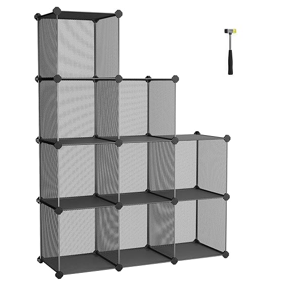 SONGMICS DIY Bücherregal mit 9-Metallgitter-Würfel, Schuhregal, Regalsystem, Steckregal, Schrank mit Fächer für Schlafzimmer,