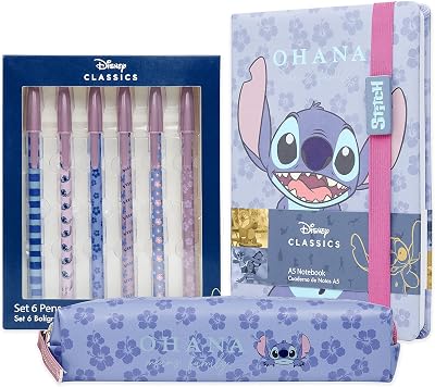 Disney Stitch Stationery Set A5 Notebook Pencil Case 6 Pens Blue