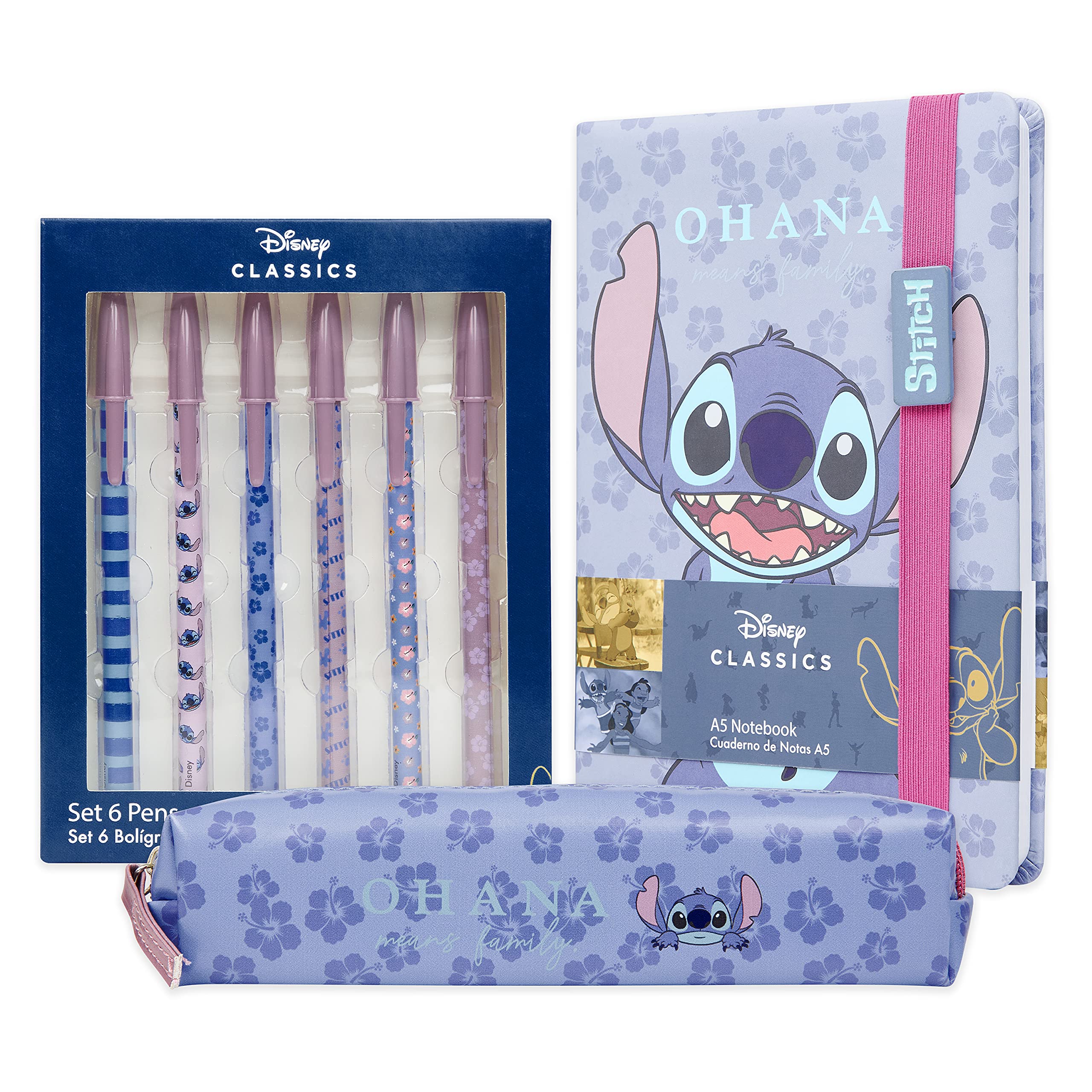 Disney Stitch Stationary Supplies Gifts for Girls & Women, A5 Notebook, Pencil Case & 6 Ball Point Pens, School Stationery Set & Desk Organiser, Journaling Essentials (Blue)
