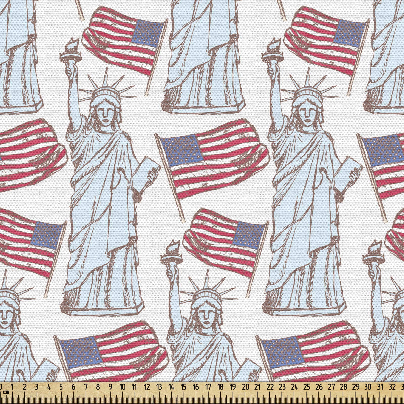 ABAKUHAUS 4th of July Fabric by the Yard, Sketch Statue of Liberty and Flag Symbols from Leader of the Free World, Microfiber Fabric for Arts Crafts Textiles Decor 1M (148x100cm), Pale Blue Red Blue
