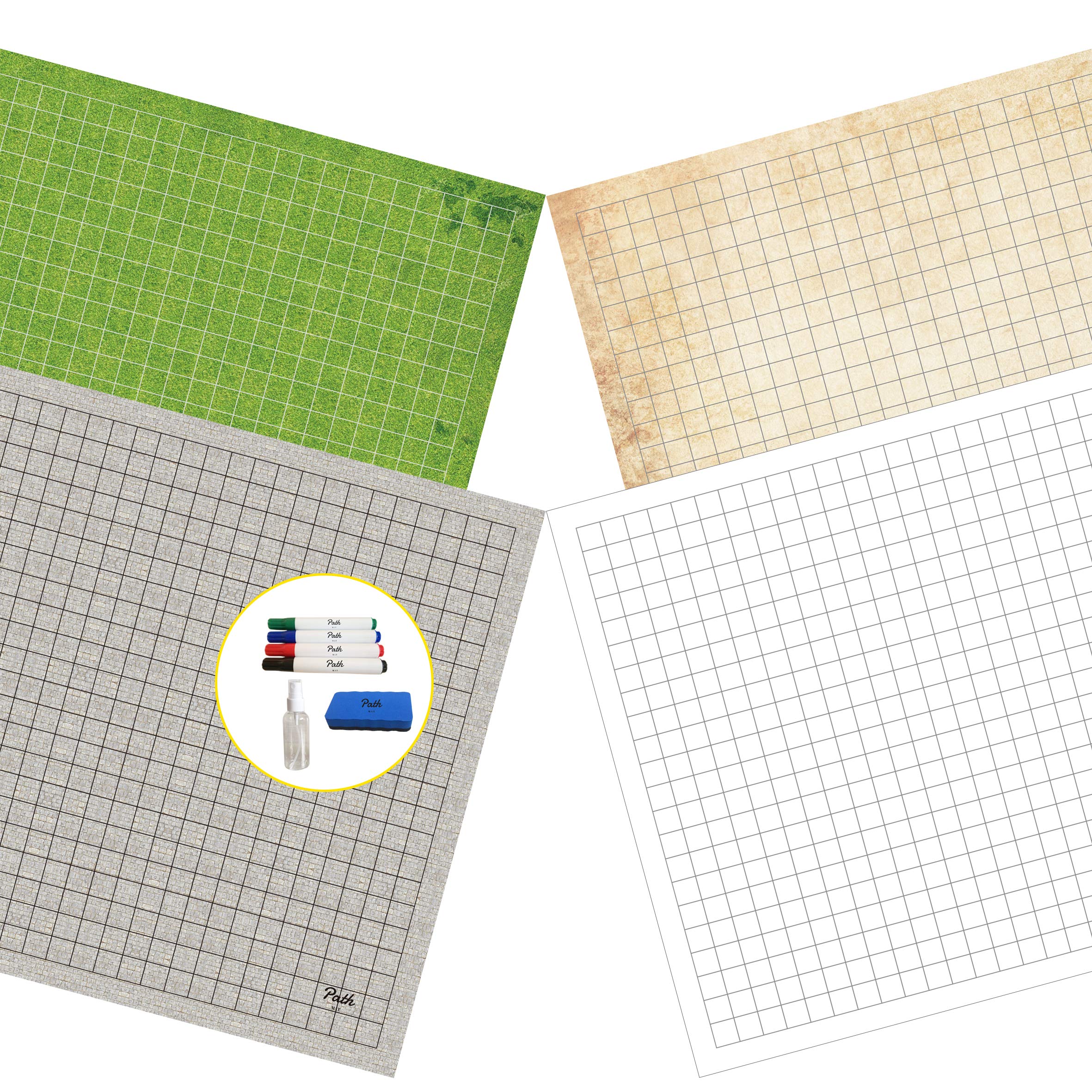 Path Gaming Double Sided Battle Grid Game Mat 36 X 24 Inches - 2 Mats, 4 Terrains, 4 Markers, 1 Eraser, and 1 Spray Bottle. Great for Dungeons and Dragons/DND