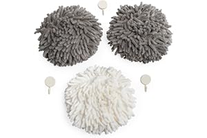 Houseify Fluffy Puffin's Fluff Ball Hand Towels, Set of Three, with Wall Hook Attachments