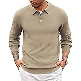 COOFANDY Men's Knit Polo Sweater Long Sleeve Casual Collared Quarter Button Golf Waffle Textured Sweater