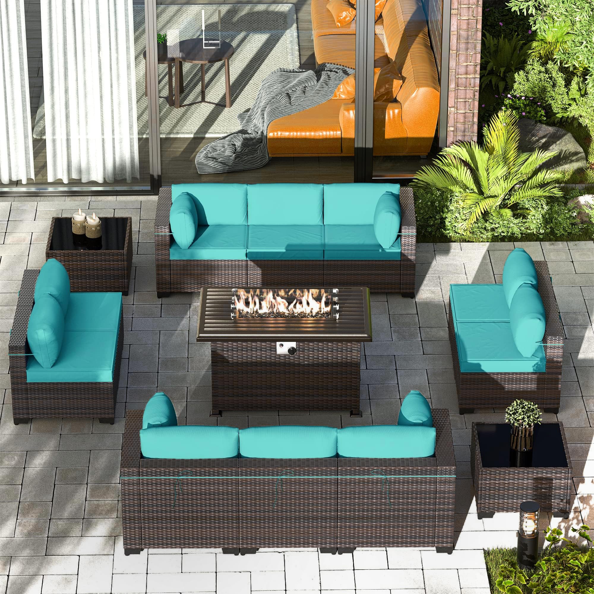 Gotland 13 Pieces Patio Furniture Set with 55000BTU Fire Pit Table, 10 Seater Wicker Patio Set in 4 Combinations with 4 Armrests 29.5'' High Backrest Thick Cushions 2 Coffee Tables, for Deck Blue Image Gotland 13 Pieces Patio Furniture Set with 55000BTU Fire Pit Table, 10 Seater Wicker Patio Set in 4 Combinations with 4 Armrests 29.5'' High Backrest Thick Cushions 2 Coffee Tables, for Deck Blue Image