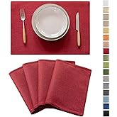 Demetex Valentines Placemats Set of 4 Heat Resistant Red Linen Place Mats Wipeable Cloth Placemats for Party Wedding Holiday Dinner, 13 x 19 inches, Wine Red