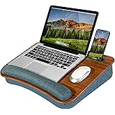 LAPGEAR Portable Laptop Lap Desk with Pillow Cushion, Anti-Slip Strip, Tablet or Phone Storage Slot, Pen and Pencil Pocket, and Wrist Rest - Espresso Woodgrain - Fits 17.3" Laptops - Style No. 91342