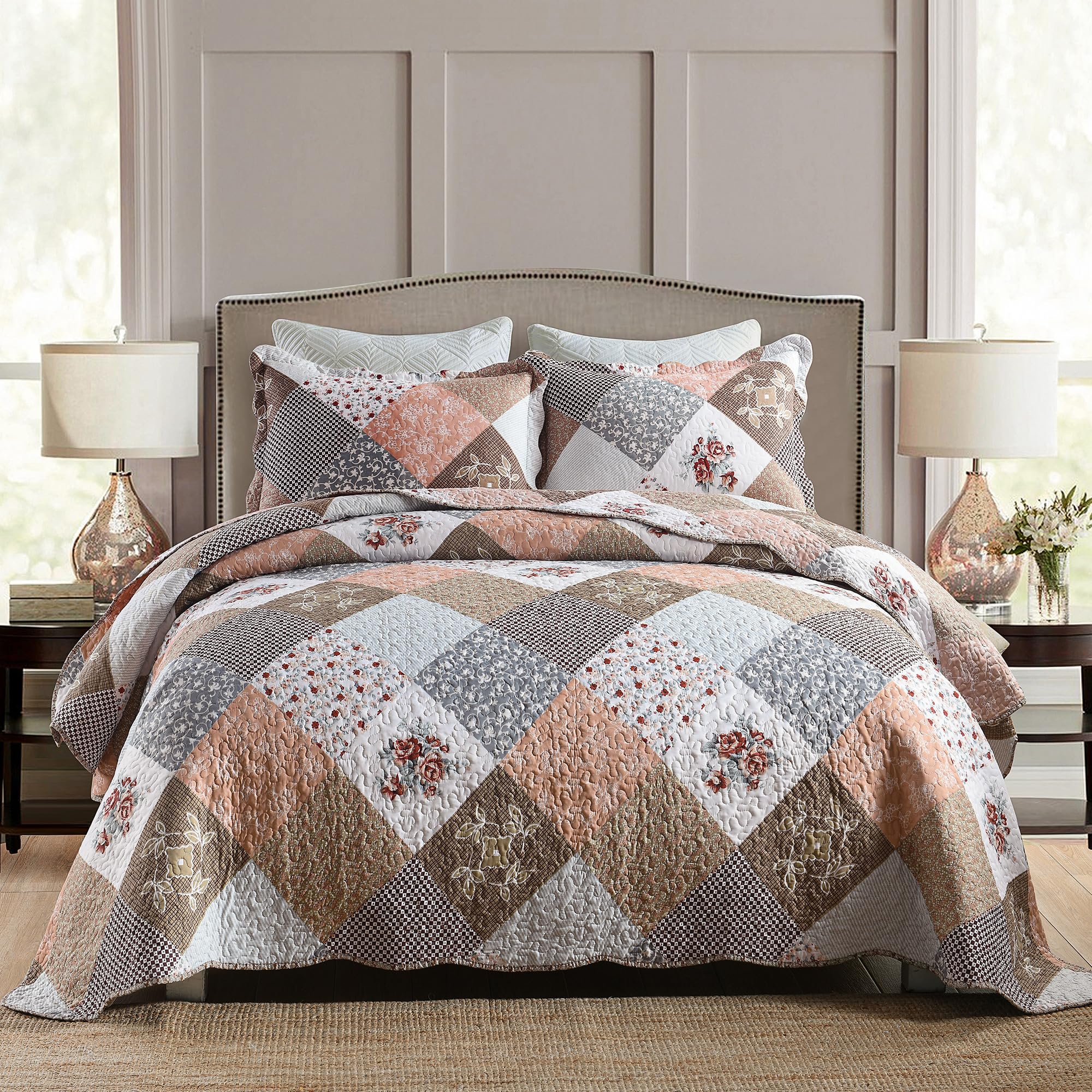 Photo 1 of HoneiLife Quilt Set King Size - 3 Piece Microfiber Quilts Reversible Bedspreads Patchwork Coverlets Floral Bedding Set All Season Quilts-Mocha Rose,King Size