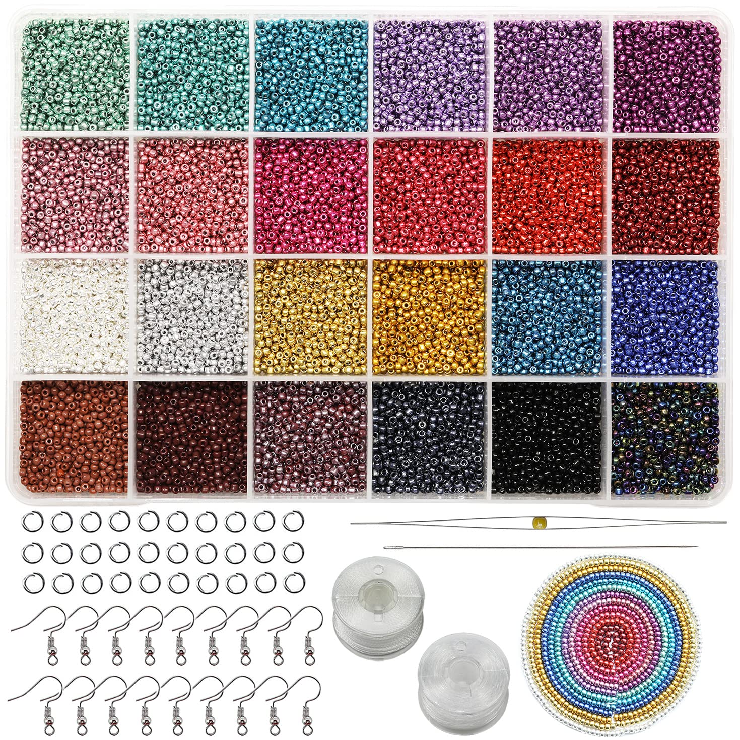 Bala&Fillic Size 2mm 12/0 Seed Beads 24 Colors Total 14400 pcs in Box Small Craft Seed Beads for Making Jewelry Bracelets and Earrings (600pcs/Color,24 Colors)