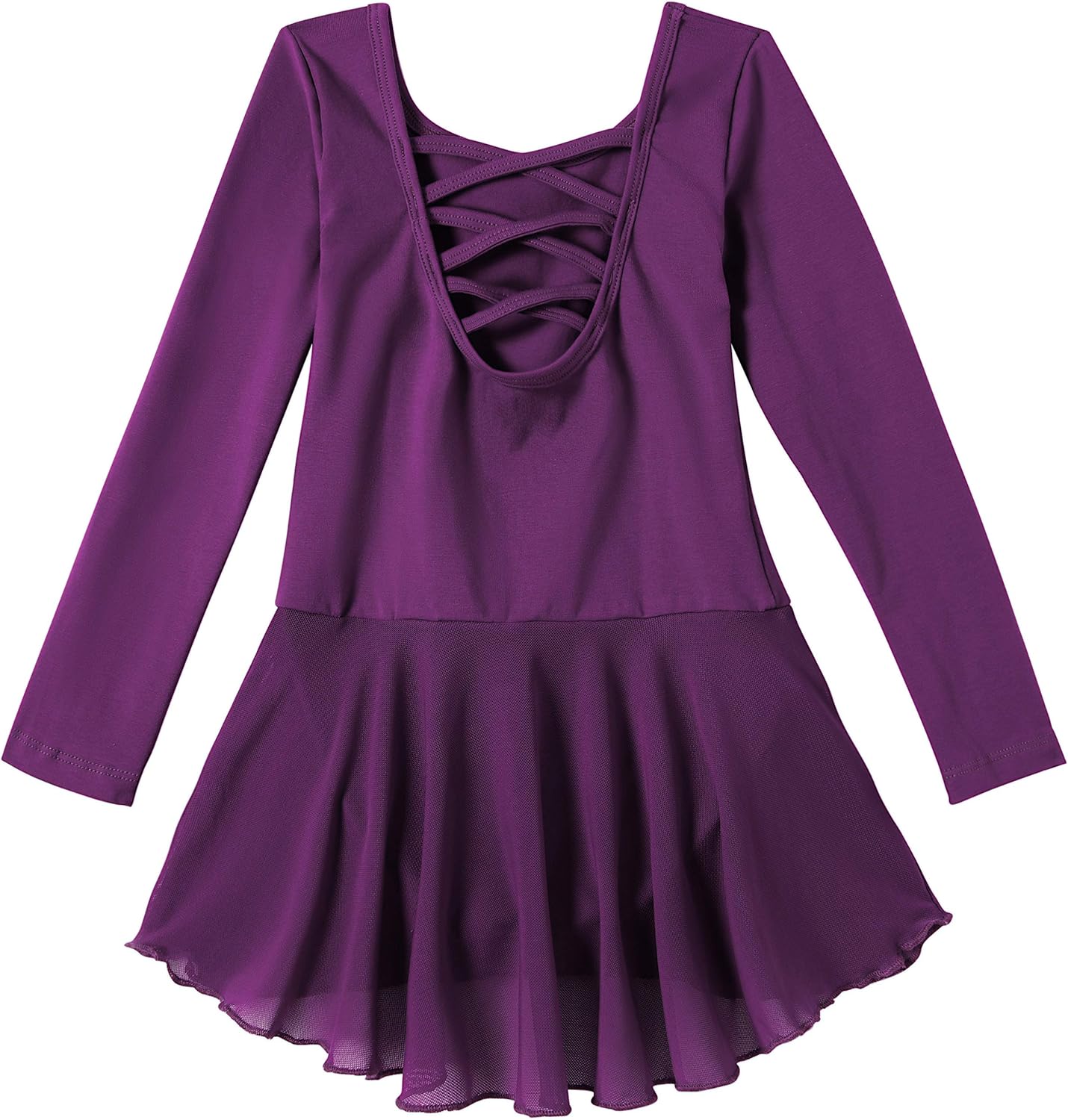 Girls Long Sleeve Dance Ballet Leotard Dress with Graceful Cross Back & Attached Skirt: Clothing