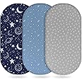 Unnivoll Baby Bassinet Sheets Girl Boy, Fitted Bassinet Sheet Set 3 Pack Bassinet Mattress Sheets Universal Fit for Rectangle, Round, Oval, Hourglass Mattress, Soft Breathable Blue Gray Planet