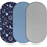 Unnivoll Baby Bassinet Sheets Girl Boy, Fitted Bassinet Sheet Set 3 Pack Bassinet Mattress Sheets Universal Fit for Rectangle, Round, Oval, Hourglass Mattress, Soft Breathable Blue Gray Planet