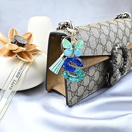 JINGUAZI Initial letter Keychains for Women Tassel Butterfly Pink