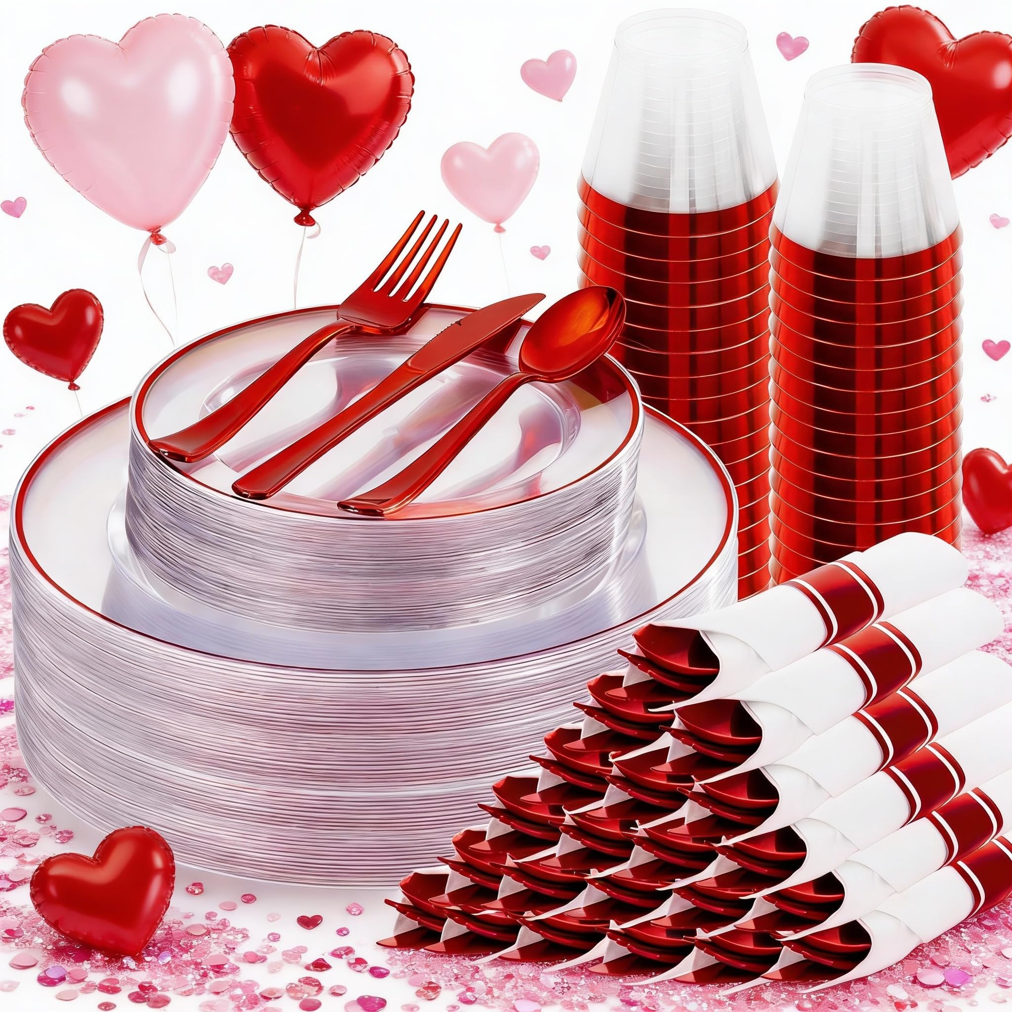 Photo 1 of  Pcs Red and Clear Plastic Dinnerware Guests, Include:  Dinner Plates, Dessert Plates,  Pre Rolled Napkins With Silverware, Cups, Disposable Plates for Party