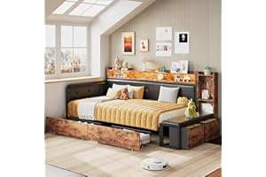 ANCTOR Corner Bed Frame, Twin Daybed with 2 Drawers & Charging Station, Platform Bed Frame Bookcase Headboard for Living Room, Bedroom and Guest Room