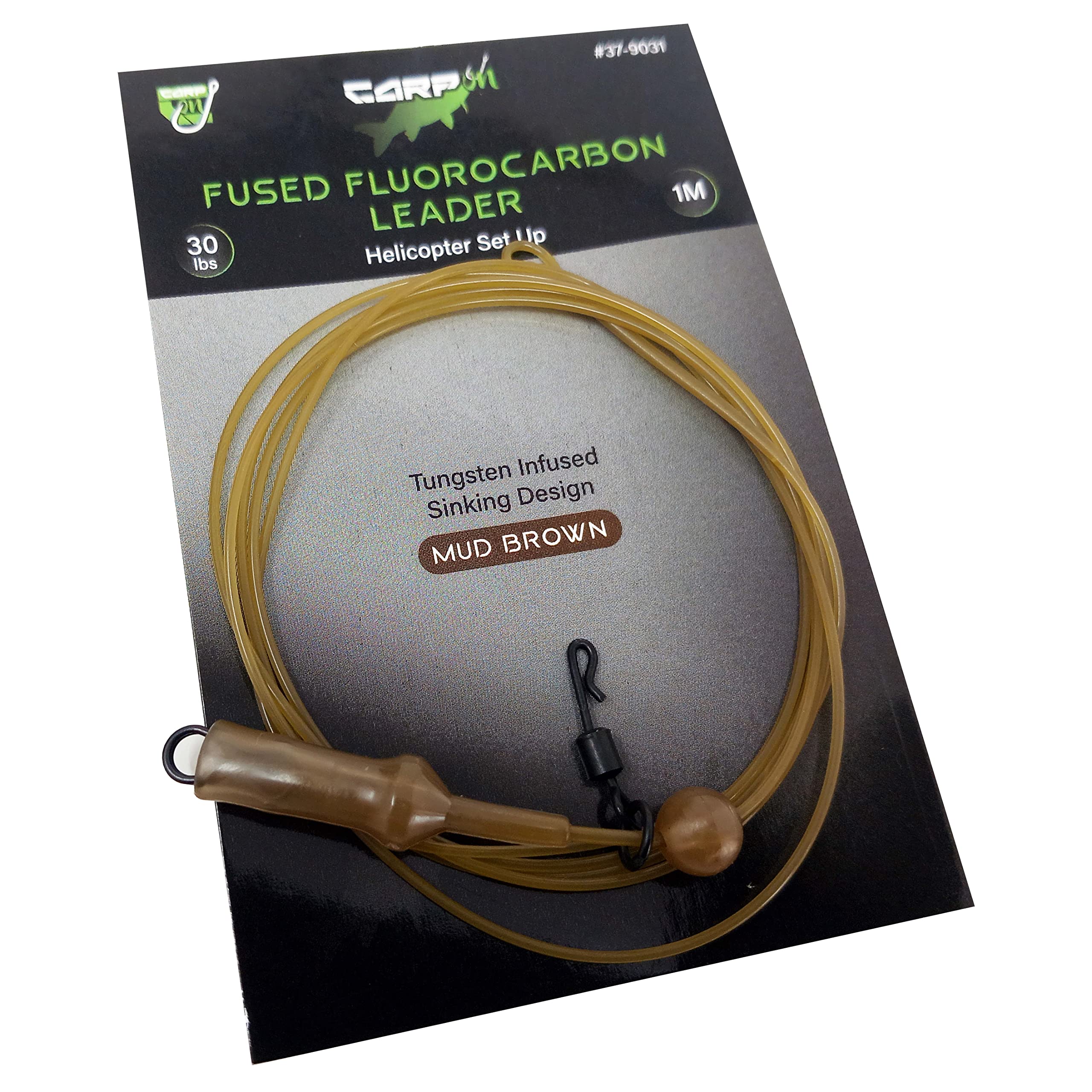 CARP ON - 1m/100cm 30lb CARP LEADER Line - Tungsten Infused Fluorocarbon Quick Link Swivel - Sinking Design - (Basic + Helicopter & Upper Beads, Camo Brown) [37-9031]