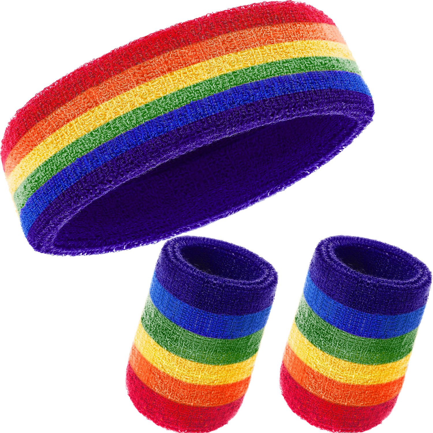 WILLBOND 3 Piece Sweat Bands Set, Including Sports Headband and Wrist Band Striped Cotton Sweat Band for Men and Women Athletic (Rainbow)