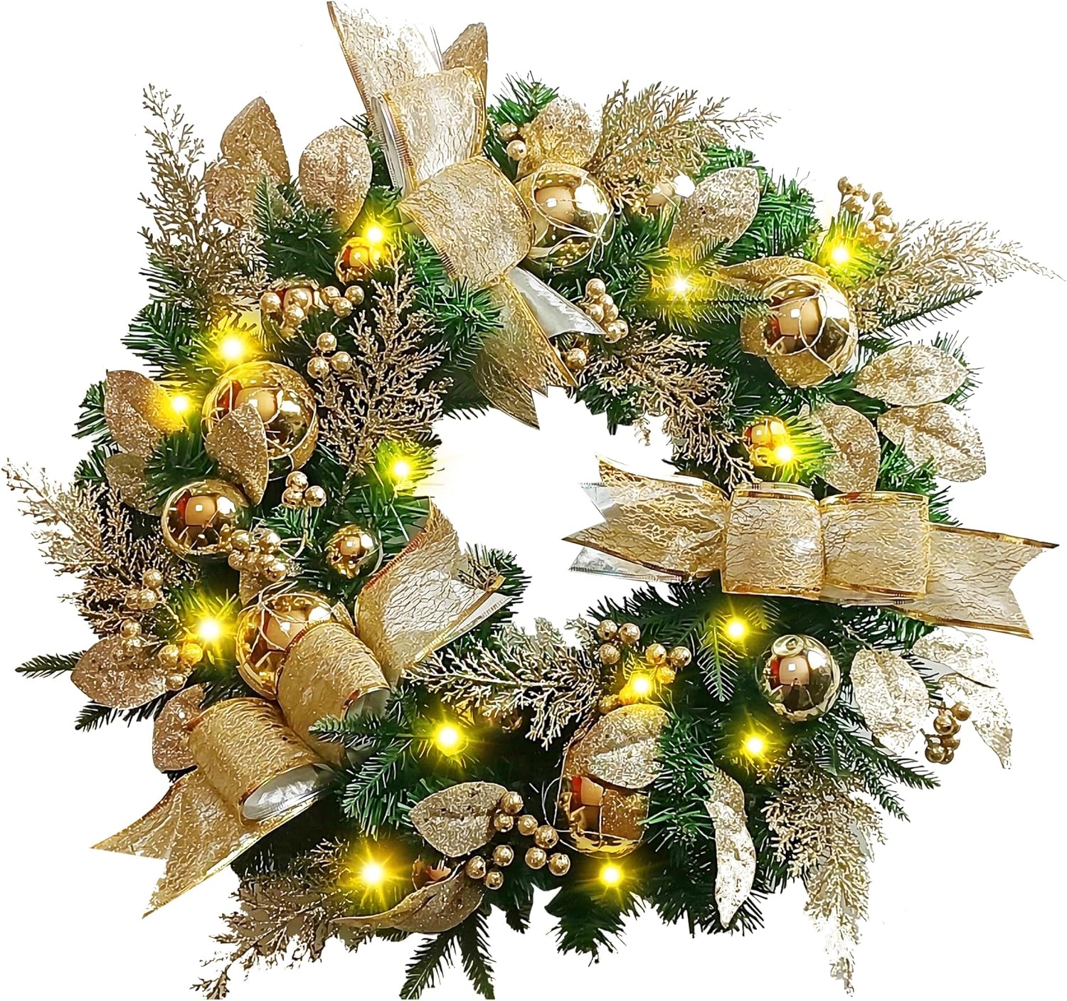 Wreaths, Garlands & Swags - yoyomax Christmas Wreath, Pre-Lit Artificial Christmas Wreath for Indoor Outdoor Christmas Decorations, Lighted Christmas Wreath, Christmas Spruce Wreath, Christmas Collection, 24 Inches-Gold