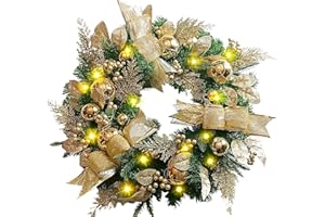 TINKLE WELL Pre-Lit Artificial Christmas Wreath for Indoor Outdoor Christmas Decorations, Lighted Christmas Wreath, Christmas Spruce Wreath, Christmas Collection, 24 Inches-Gold