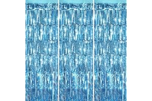 YEURFONTASY Light Blue 3 Pack Metallic Tinsel Foil Fringe Curtains, 3.3x8.3ft, Aluminum Foil Streamers Backdrop for Party Decorations