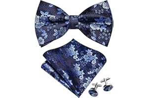GUSLESON Mens Floral Bow Tie Handkerchief Jacquard Woven Adjustable Pre-Tied Bowties Pocket Square Cufflinks Set