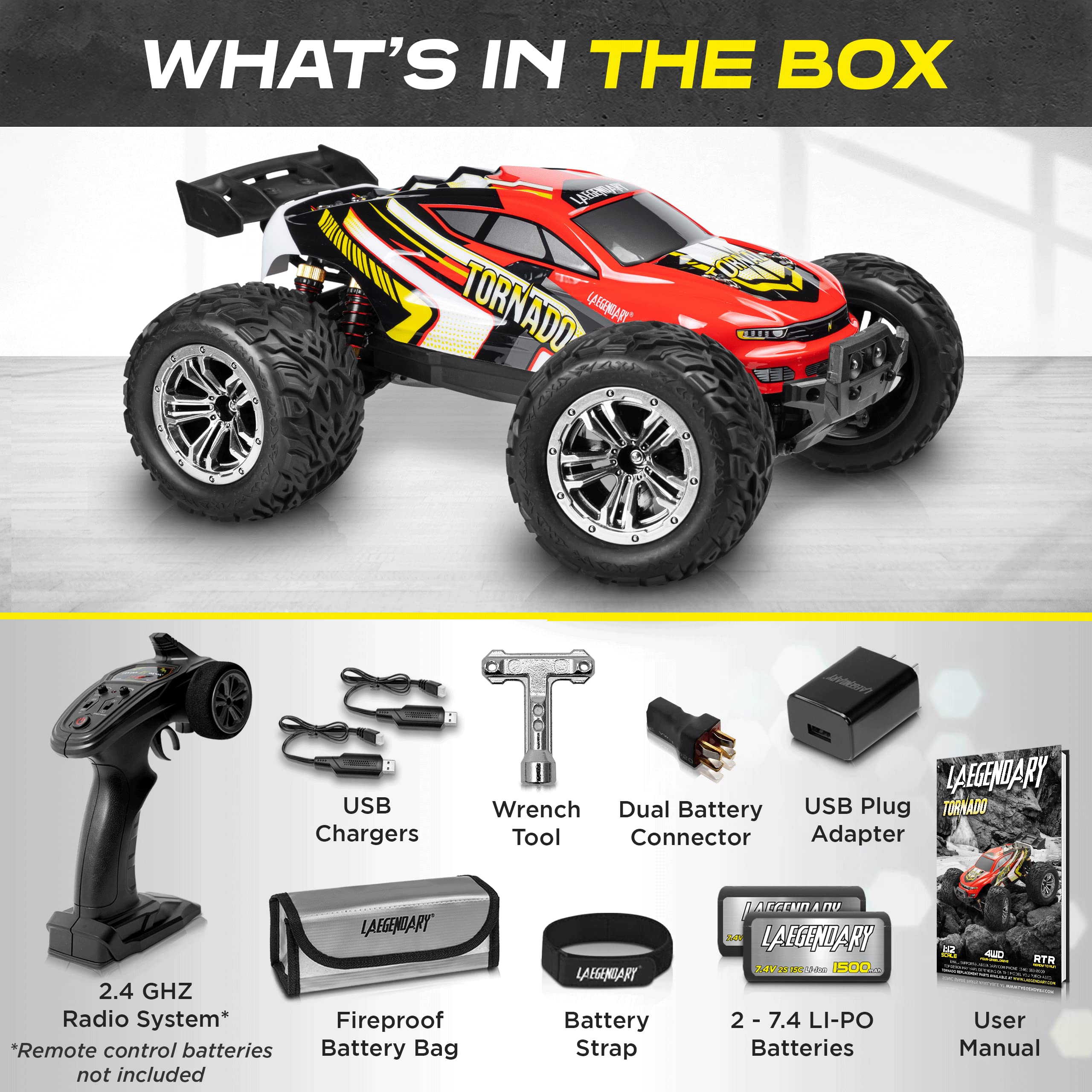 LAEGENDARY 1:12 Scale Large RC Cars 48+ kmh Speed - Remote Control Car 4x4 Off Road Monster Truck Electric - All Terrain Waterproof Trucks for Adults - 2 Batteries + Connector for 30+ Min Play