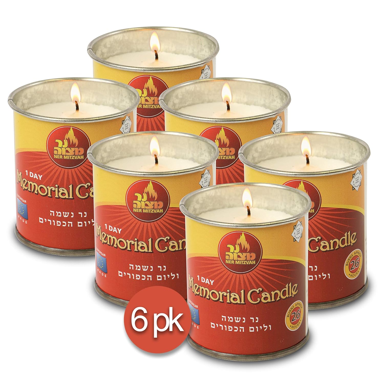 1 Day Yartzeit Candle 6 Pack 24 Hour Kosher Yahrtzeit Memorial and