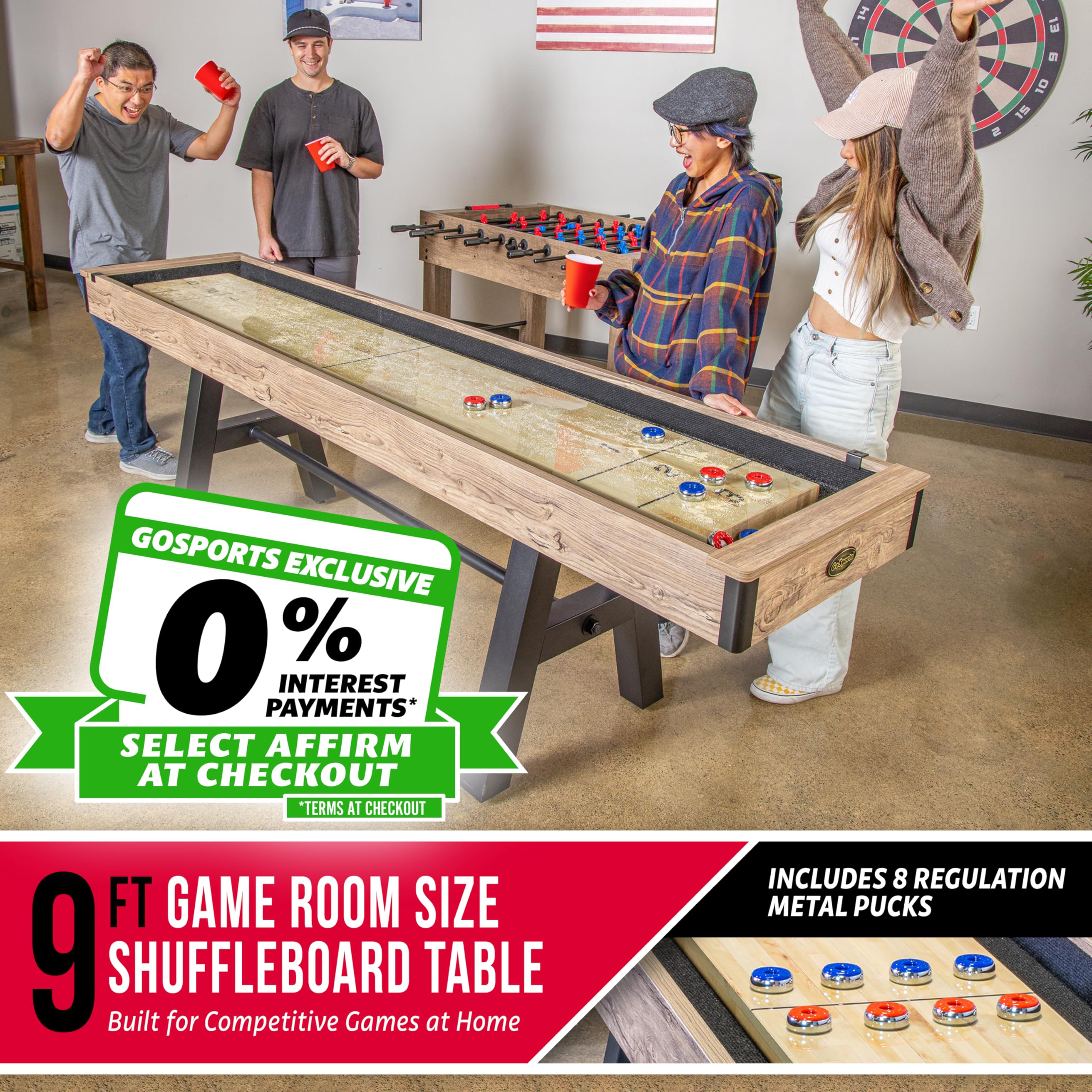 GoSports Premium 9 ft Shuffleboard Table with 8 Pucks, Shuffleboard Wax, and Brush