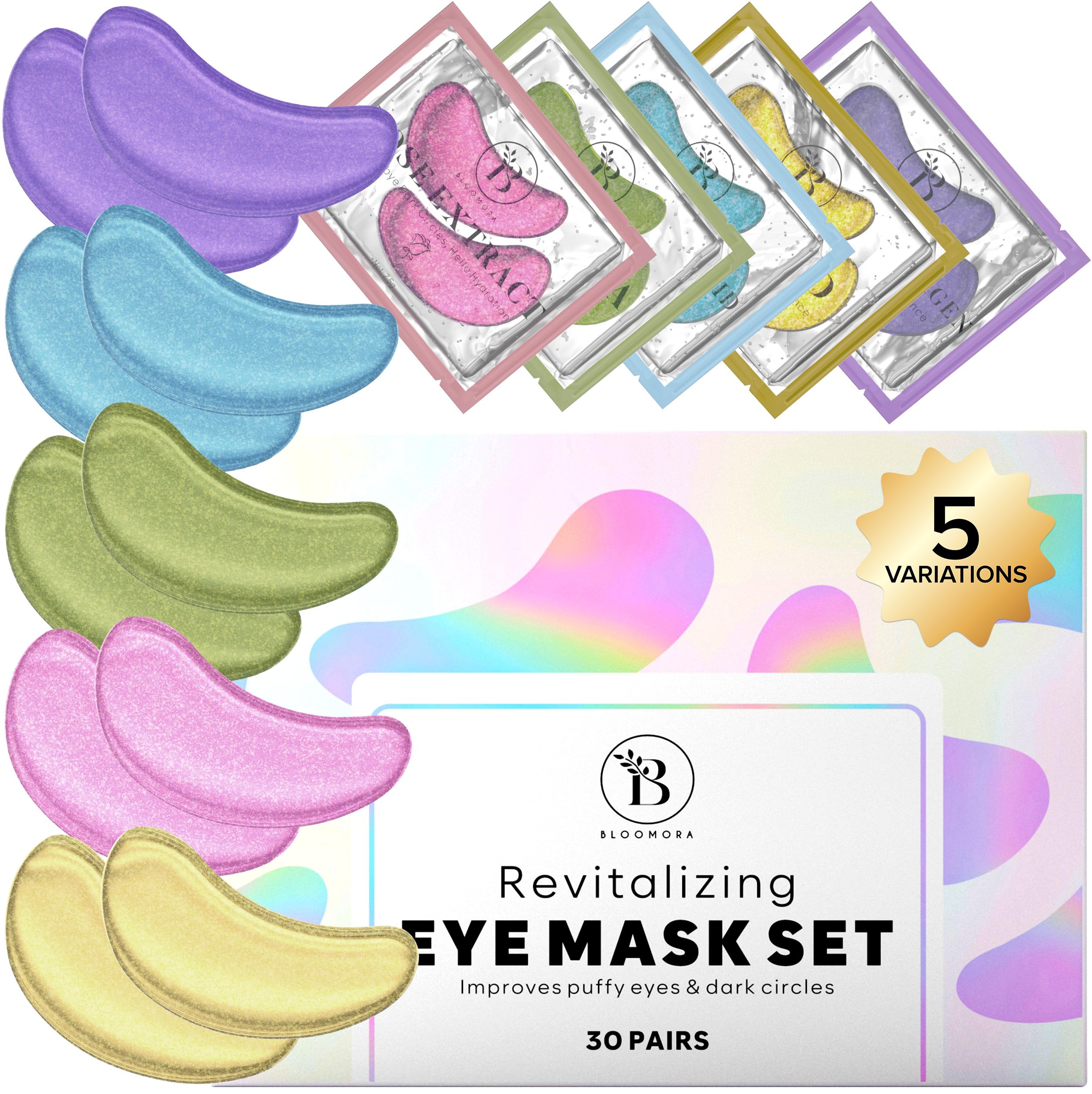 BLOOMORA Variety Box Under Eye Gel Patches (30 PAIRS), Under Eye Patches for Puffy Eyes & Dark Circles, Hyaluronic Acid + Collagen Gel Pads for Reducing Appearance of Puffiness & Increased Hydration