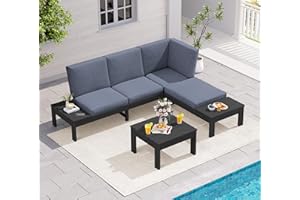 SERWALL HDPE Patio Furniture Set, Modular Outdoor Sectional Sofa Set with Built-in Side Tables, Seats 4, All-Weather Patio Conversation Set for Garden, Deck, Porch, Black Frame with Grey Cushion