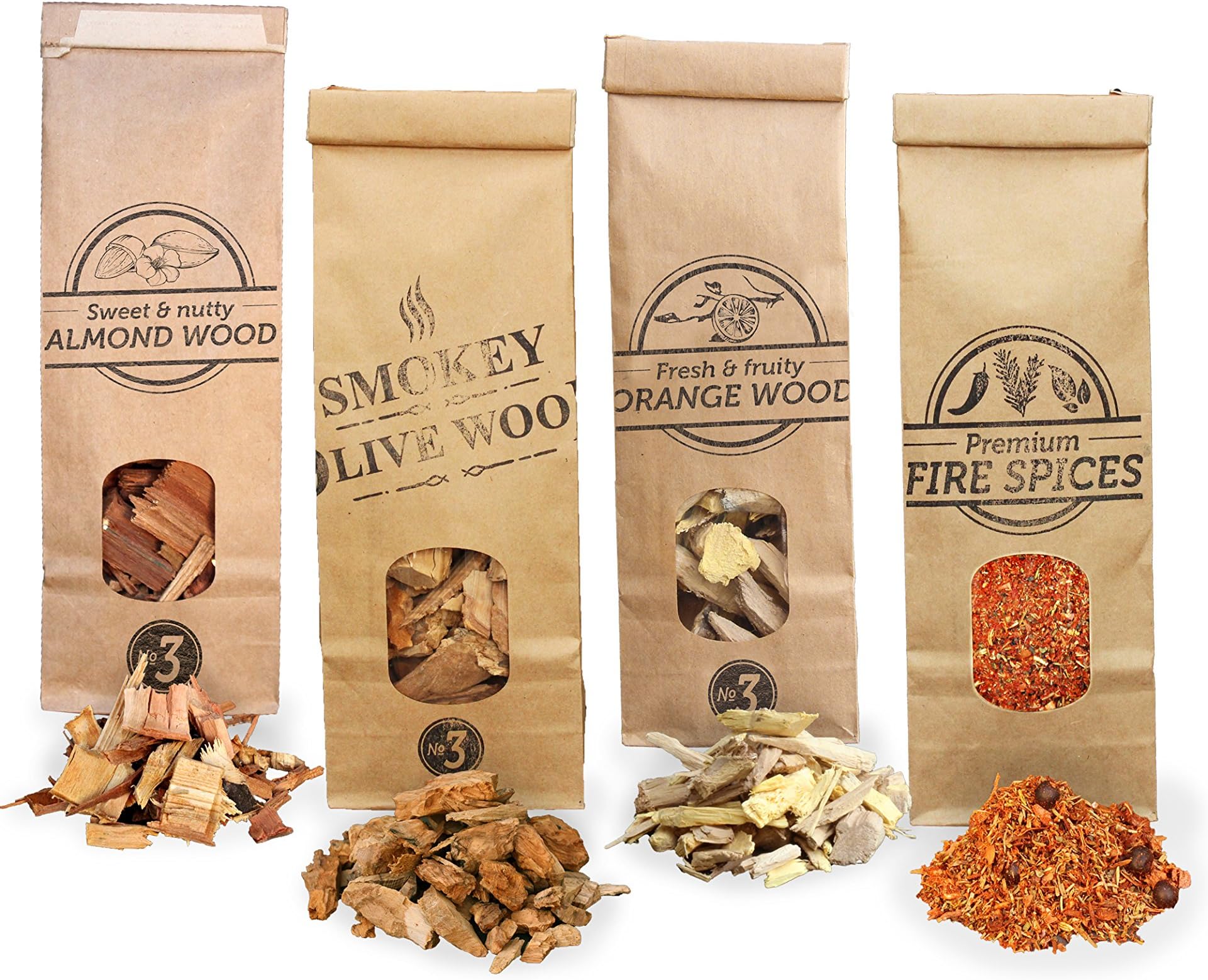 3x 500mL smoking wood chips: olive, almond and orange + 1x 300mL fire spices. Size Nº3: 2-3cm. Smokey Olive Wood, AFNV3-04-0.5L