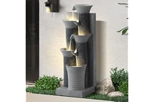 Dephet 5-Tiers Outdoor Garden Water Fountain with Cascading Rock, Fountains and Waterfalls w/LED,Indoor/Outdoor Floor Standing Water Feature w/Bamboo Joint Decor for Patio, Backyard (Grey)