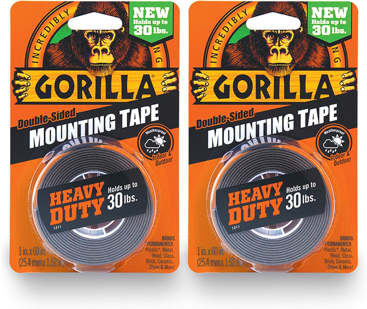 Gorilla 6055016 6055001-2 Heavy Duty Mounting Tape, Double-Sided, 1" x 60", Black, (Pack of 2), 2-Pack, 2 Count: Home Improvement