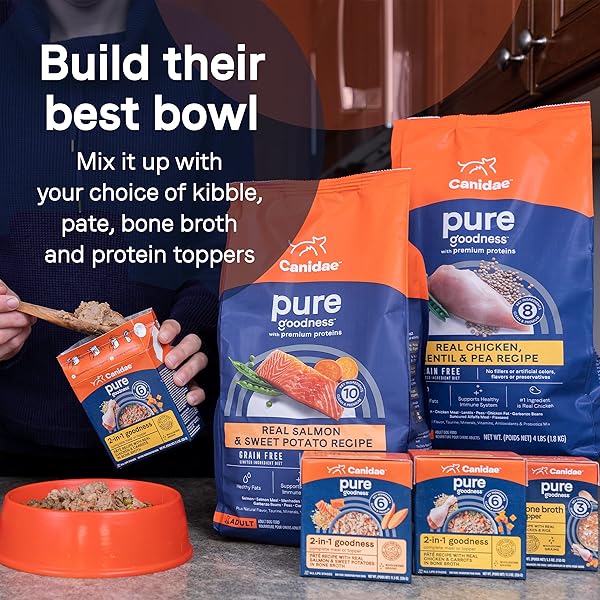 CANIDAE PURE BONE BROTH TOPPER WITH REAL SALMON & RICE WET DOG FOOD, 5.5 OZ. (CASE OF 12)