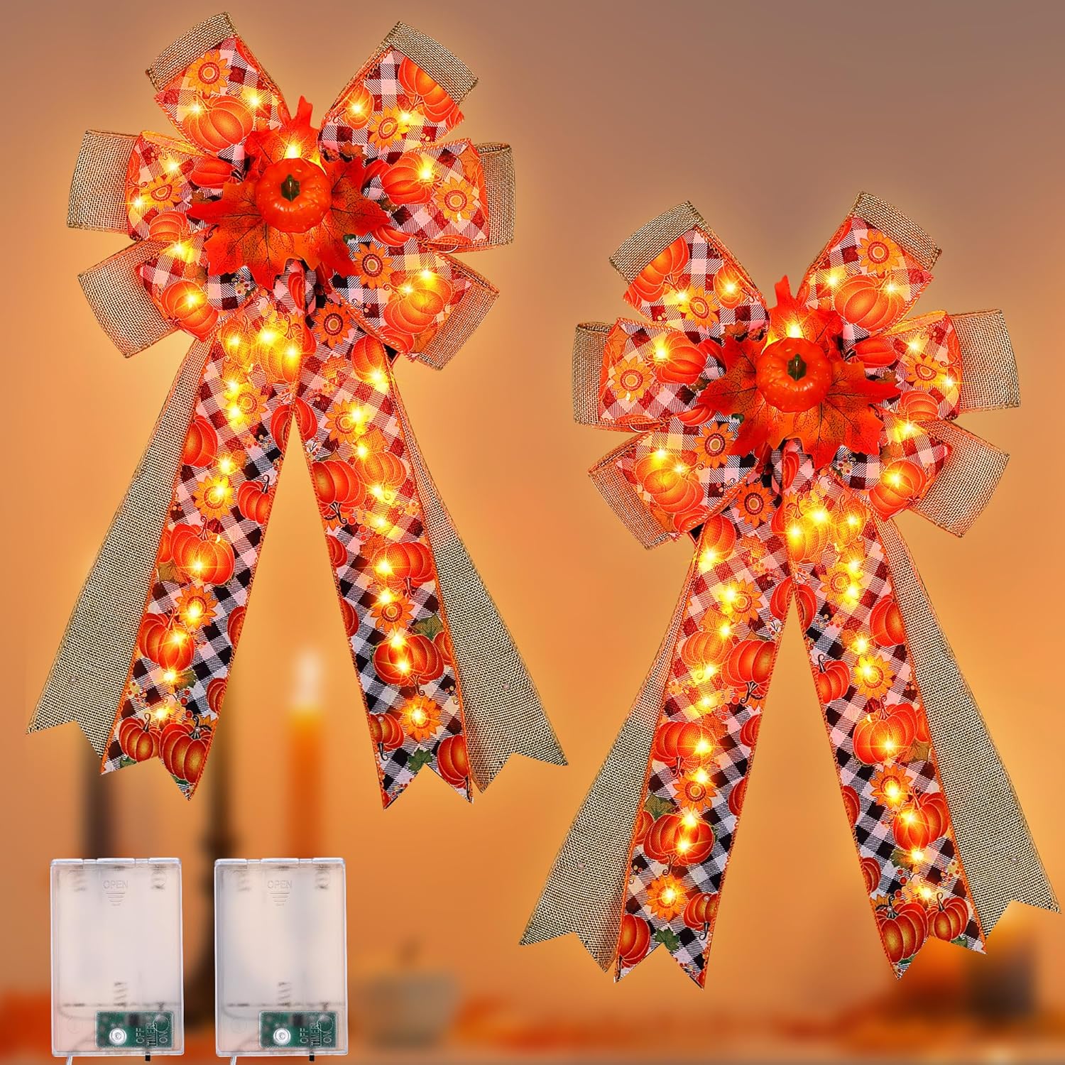 Bows & Ribbons - Hiboom 2 Pack Large Lighted Thanksgiving Bow Decorations, 20x12 Inch Burlap Orange Pumpkin Maple Leaf Fall Wreath Bows Battery Operated Thanksgiving Tree Topper for Front Door Wall Fence