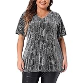 Agnes Orinda Plus Size Metallic Tops for Women V Neck Short Sleeve T-Shirt Party Top Glitter Blouses