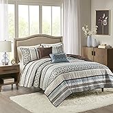Madison Park Quilt Set Luxurious Jacquard Stripes Design - All Season, Coverlet Bedspread Lightweight Bedding Layer, Shams, Decorative Pillow, King/Cal King(104"x94"), Floral Blue 5 Piece