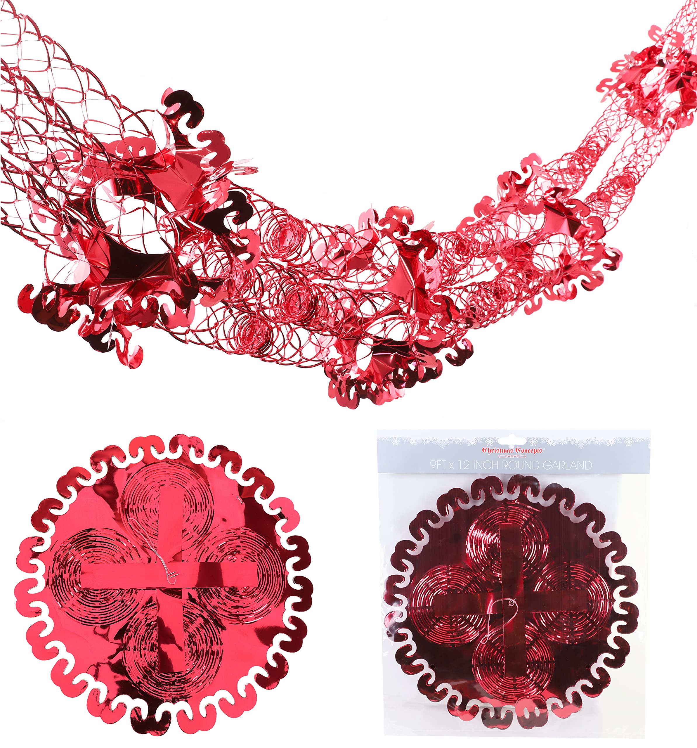 Christmas Concepts® 9ft x 1ft Large Round Foil Garland Festive Hanging Decorations – Christmas Trimming (Red)
