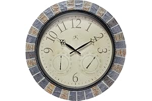 Infinity Instruments Inca II 18 inch Outdoor Clock Thermometer Combo Patio Waterproof Large Wall Weather Station Weatherproof Designer Faux Stone Mosaic Decorative Outdoor Wall Clock