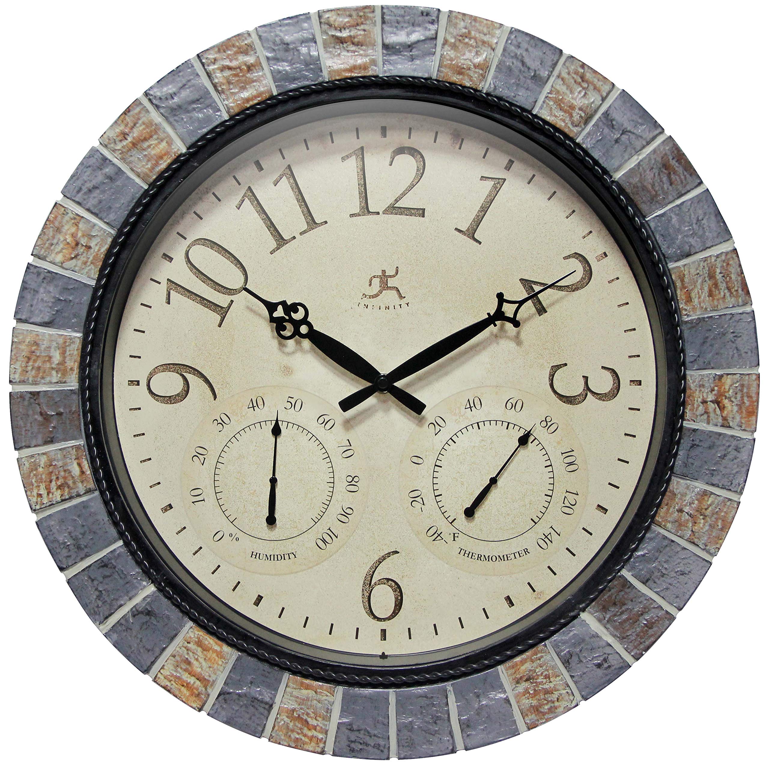 Infinity Instruments Inca II 18 inch Outdoor Clock Thermometer Combo Patio Waterproof Large Wall Weather Station Weatherproof Designer Stone Mosaic Decorative Outdoor Wall Clock