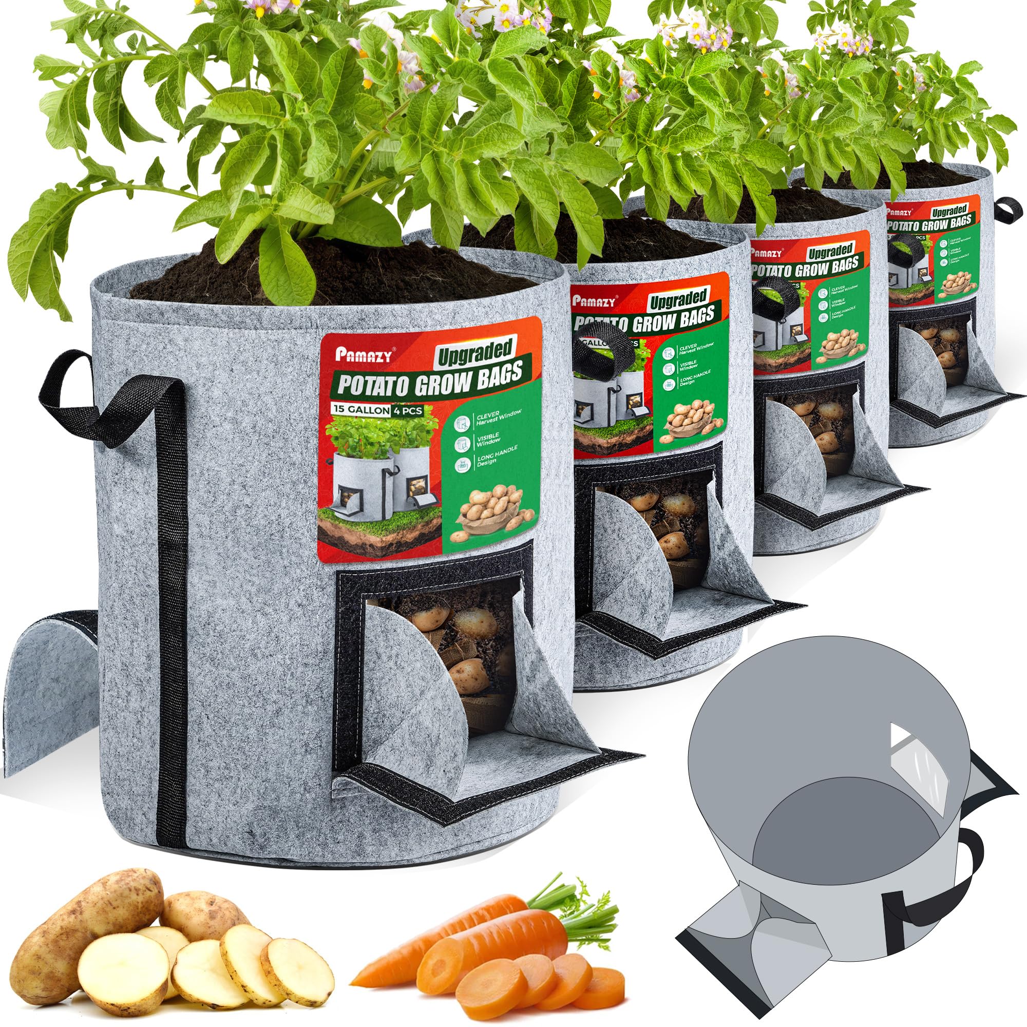 Photo 1 of [Upgraded] 4Pcs 15-Gallon Potato Grow Bags with Unique Harvest Window, Visible Window, Garden Planting Bag with Reinforced Handle, Nonwoven Fabric Pots for Tomato, Potato Growing Container - Grey