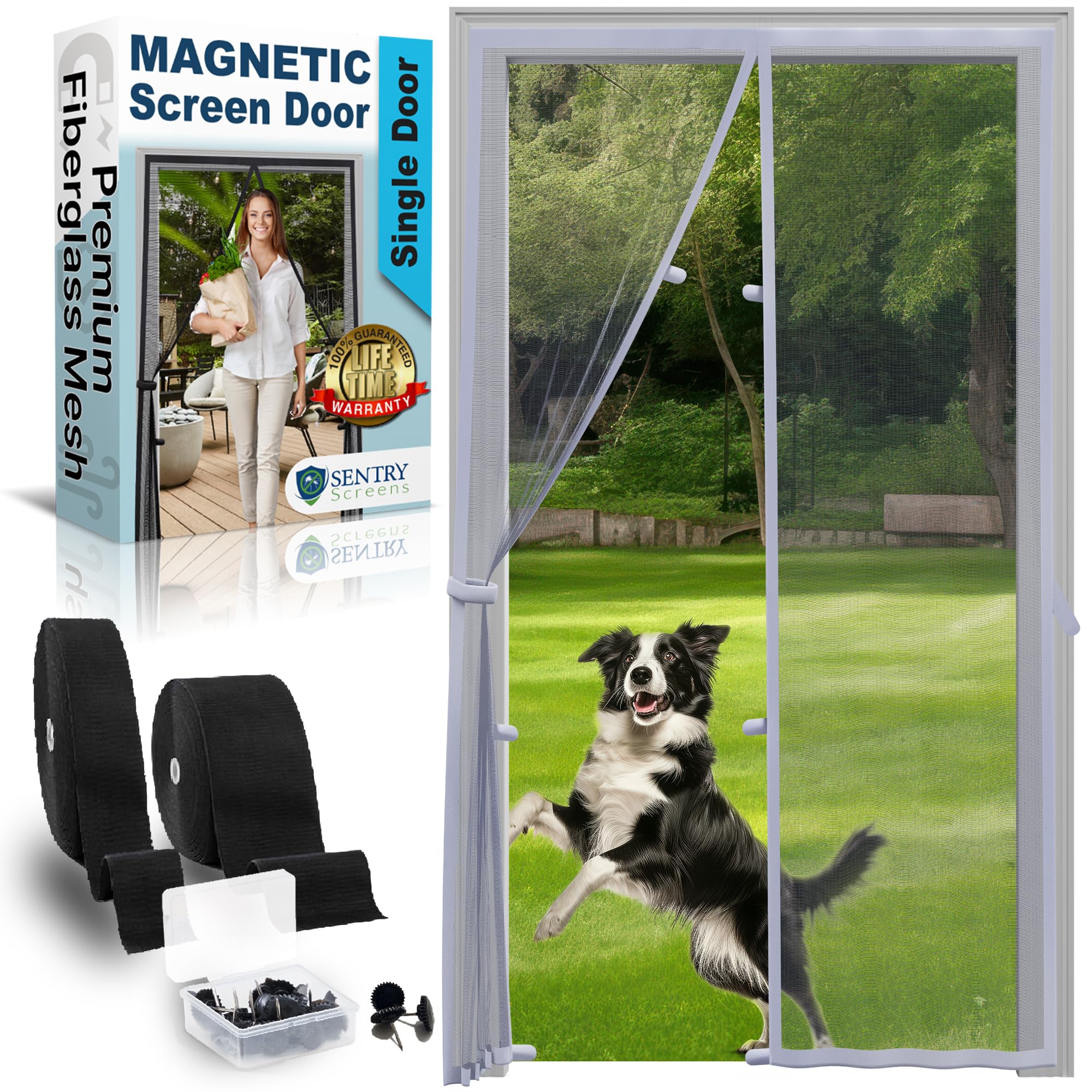 Sentry Screens Fiberglass Mesh Magnetic Screen Door – Heavy Duty Self-Closing Hanging Door Net Screen with Magnet Closures – Available in 5 Colors and Many Sizes – Magnetic Door Screen by Gray