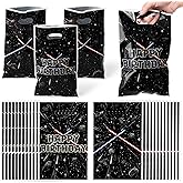 BOpusail Galaxy Movie Star Bag - 50Pcs Black Cartoon Galaxy Party Favor Bag Candy Treat Bags Print Happy Birthday Patterns with Handles Plastic Snack Gifts Bags for Boy Girl Kid Holiday Party Supplies