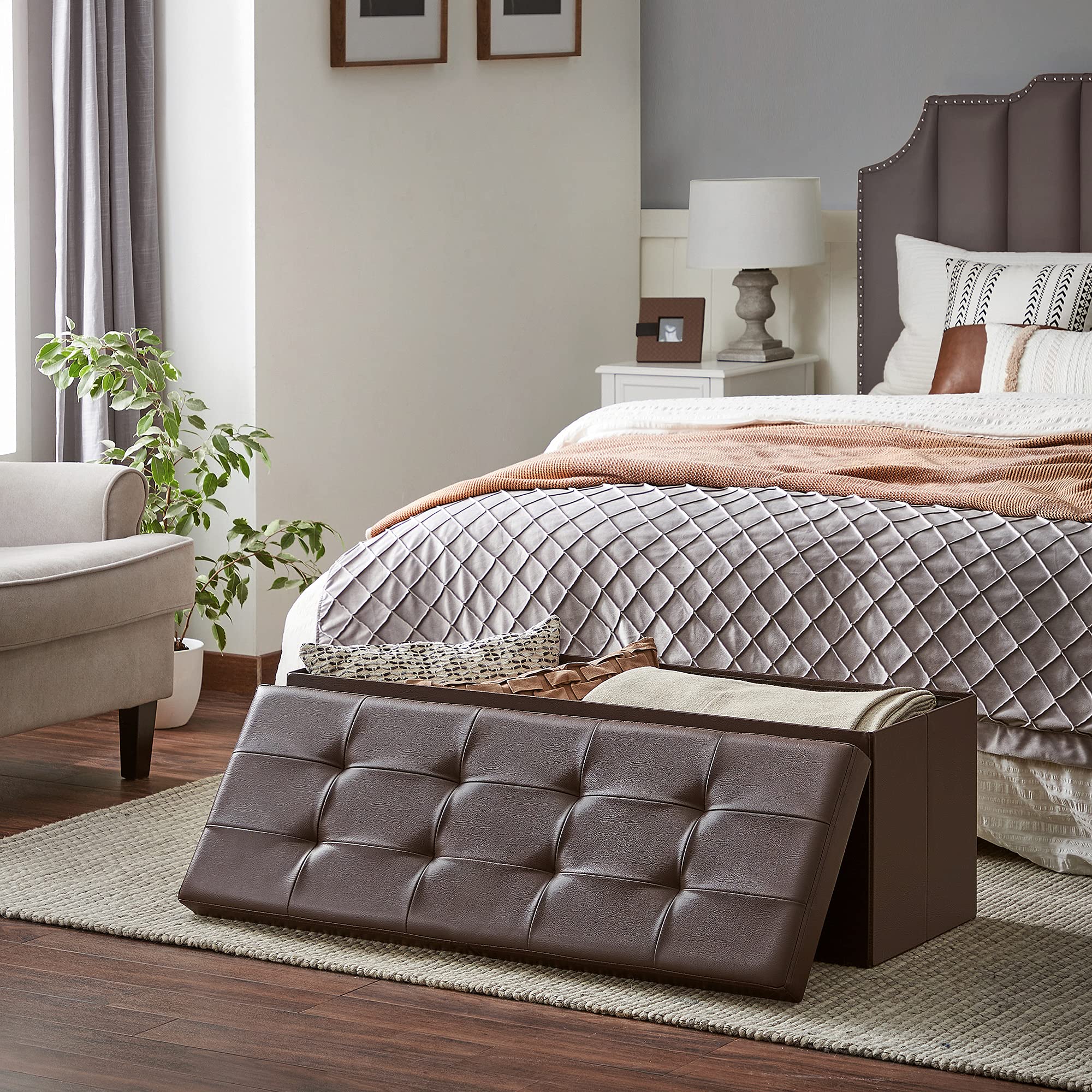 SONGMICS 43 Inches Folding Storage Ottoman Bench with Flipping Lid, Storage Chest Footrest Padded Seat with Iron Frame Support, Brown ULSF75BR