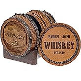 Pine Ridge 5pcs 1840 Aged Whiskey Barrel Drink Coaster Set with Holder - Rustic Bar Coasters for Whiskey Table & Bourbon Room - Unique Bar Accessories for Man Cave - Beer & Whiskey Glass Coaster