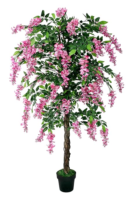 McPalms Wisteria 1,90 m Rosa künstlich Kunstbaum Kunstpflanze Echtholzstamm