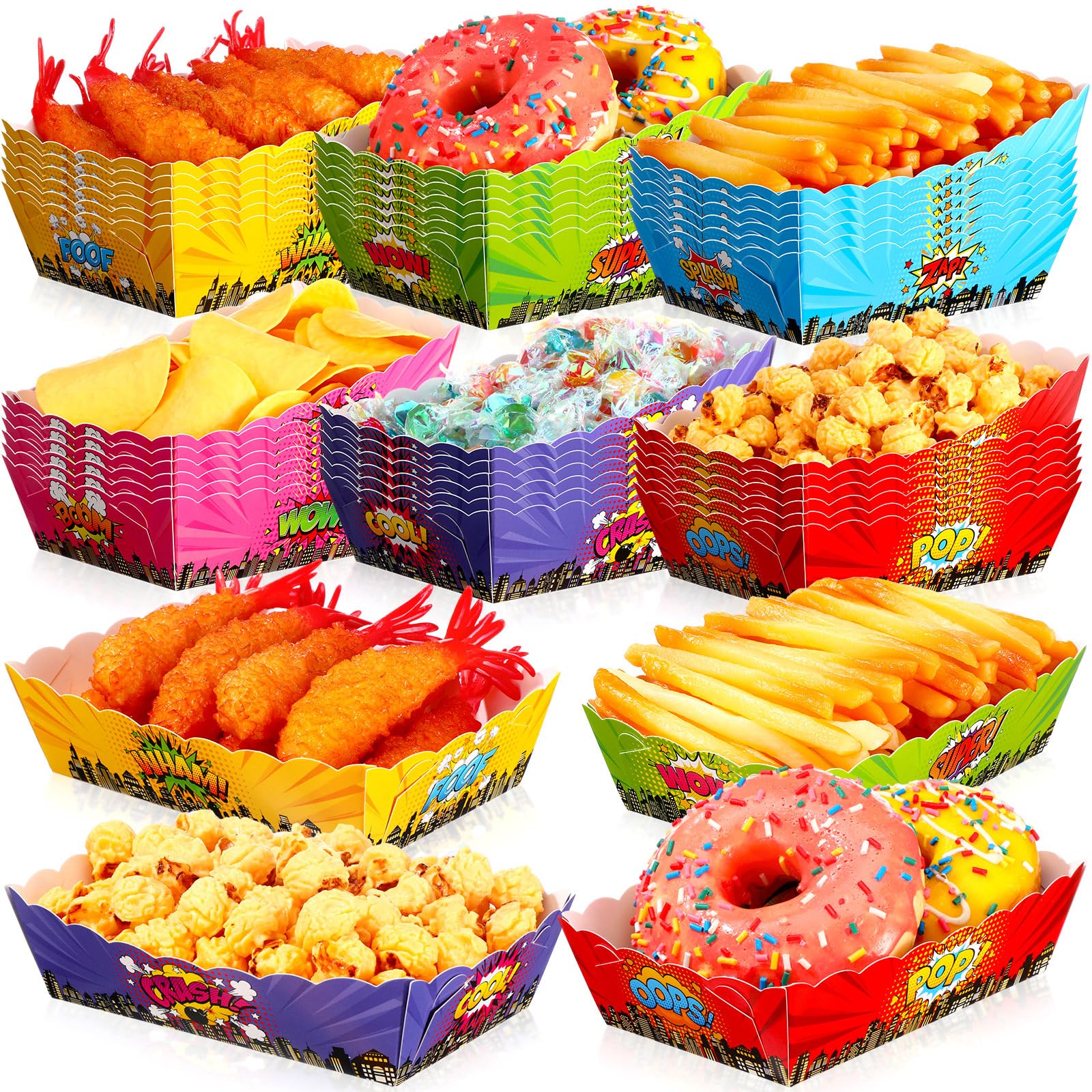 Photo 1 of 60 Pcs Hero Theme Party Decorations Hero Party Paper Food Trays Food Boat Treat Snack Boats Disposable Serving Containers for Birthday Baby Shower Supplies, 6 Designs
