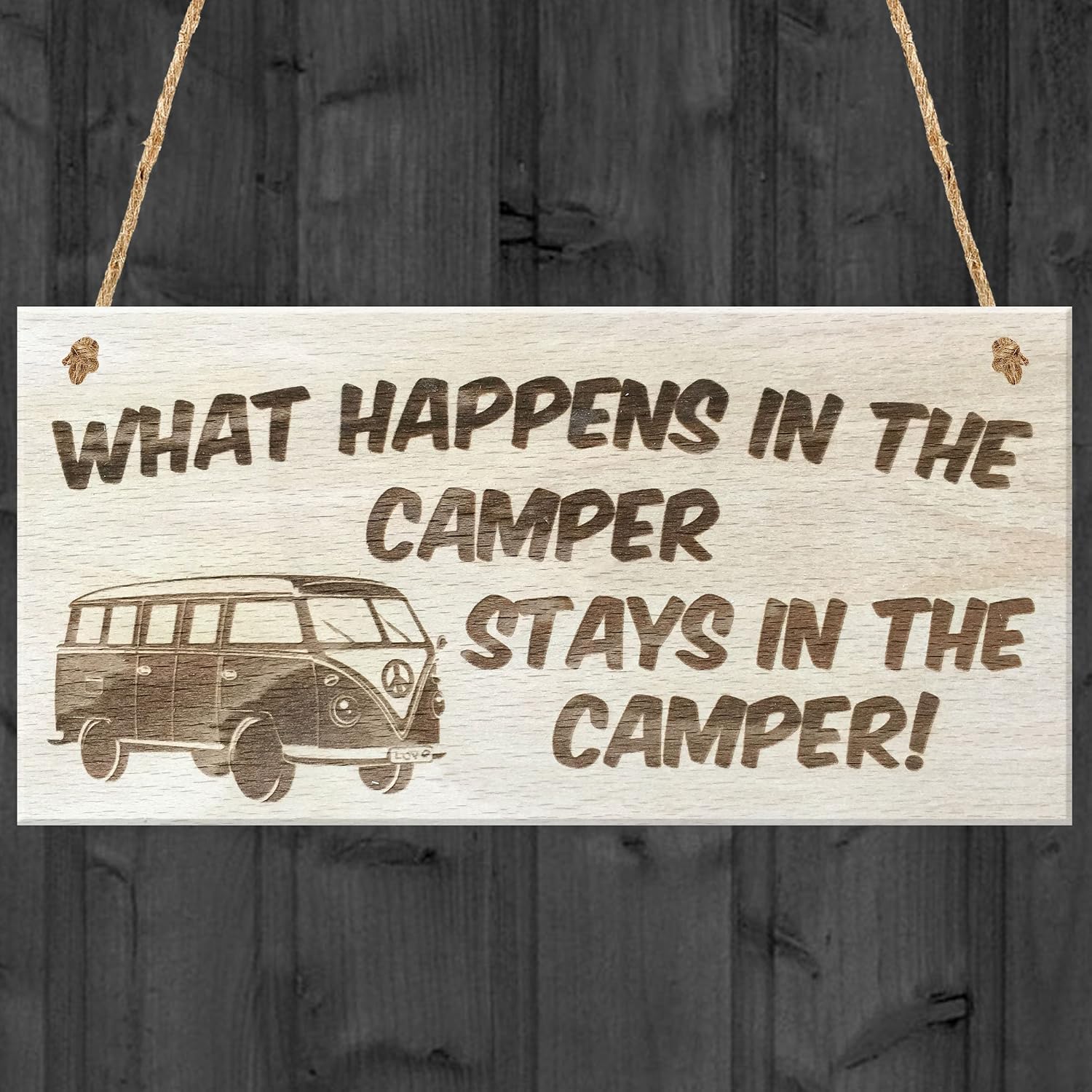 Red Ocean Happens Stays In The Camper Novelty VW Campervan, Wood, 20 x 0.6 x 10 cm, 20.0 x 0.6 x 10.0 cm